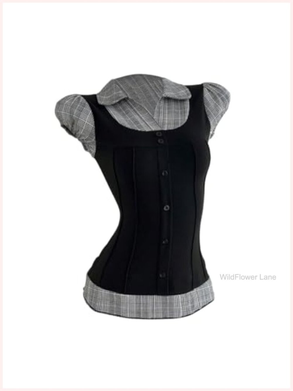 Women's Y2K Plaid Button Down V Neck 2 in 1 Puff Sleeve Top